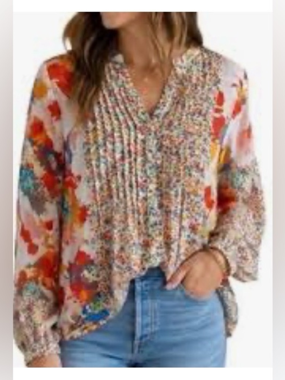 Hope Springs floral blouse features a semi-sheer design with V-neckline Size XL
